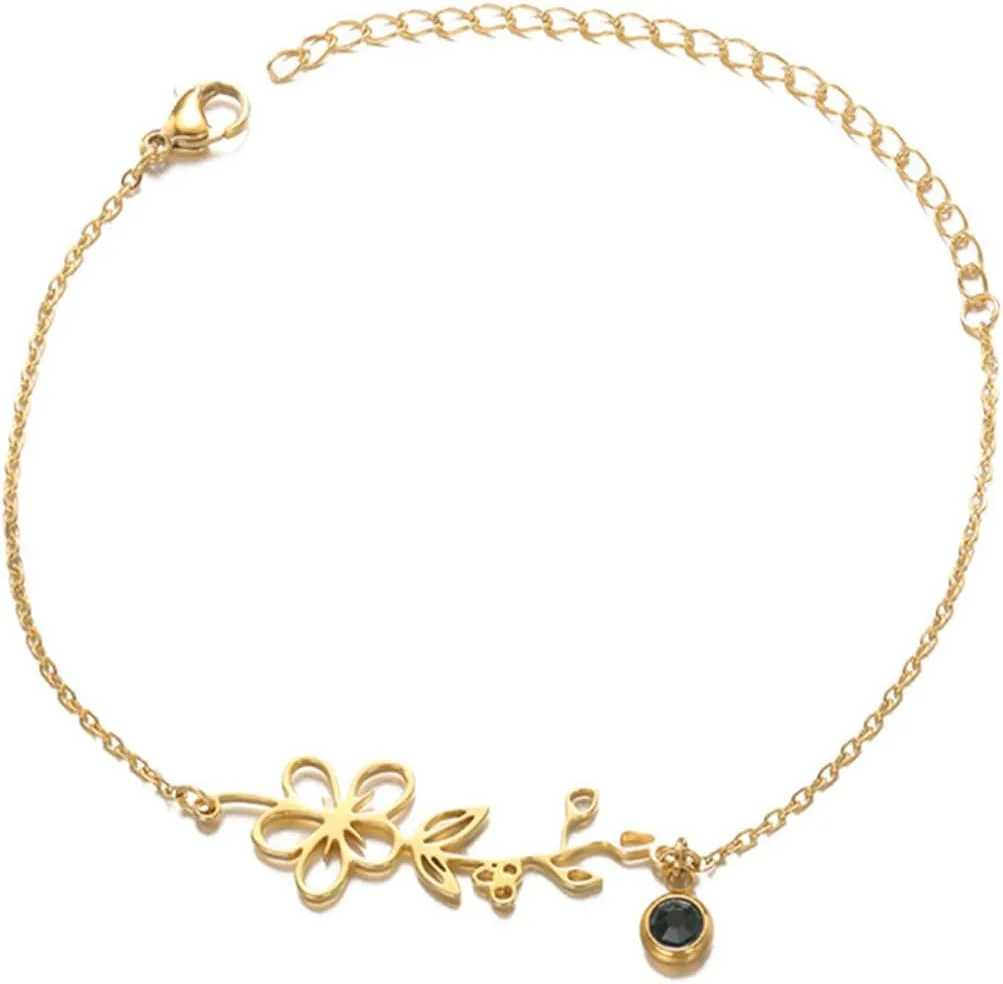 Birth Flower Bracelets Floral Birthstone Bracelets Wildflower Leaves Bracelet Birth Month Floral Birthstone Pendant Bracelet for Women Elegant Gift