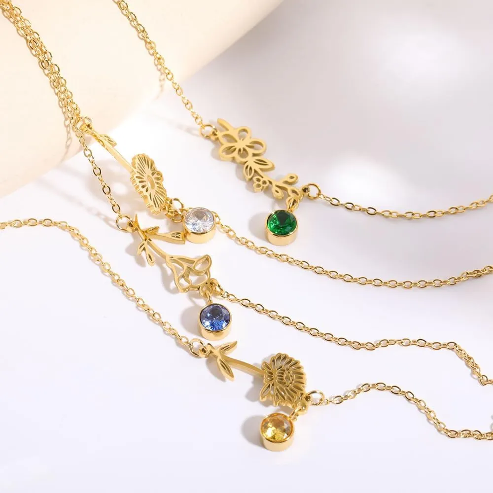 Birth Flower Bracelets Floral Birthstone Bracelets Wildflower Leaves Bracelet Birth Month Floral Birthstone Pendant Bracelet for Women Elegant Gift