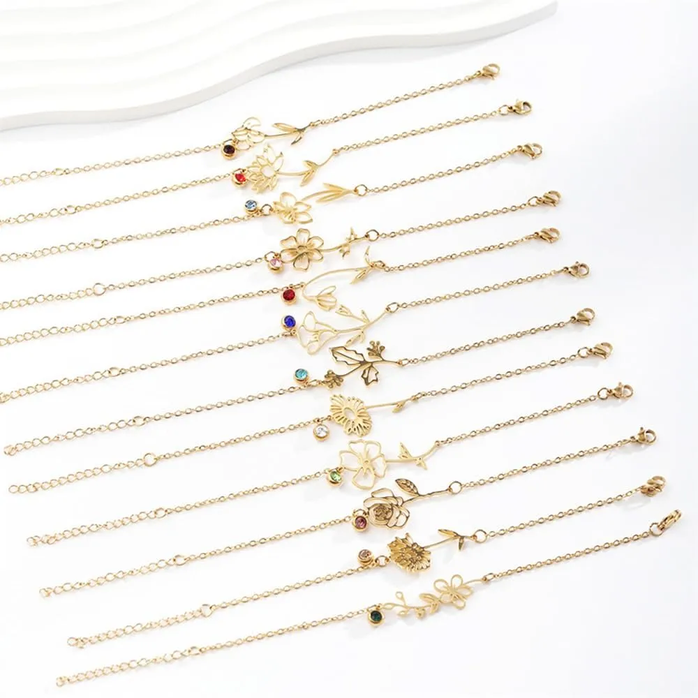 Birth Flower Bracelets Floral Birthstone Bracelets Wildflower Leaves Bracelet Birth Month Floral Birthstone Pendant Bracelet for Women Elegant Gift
