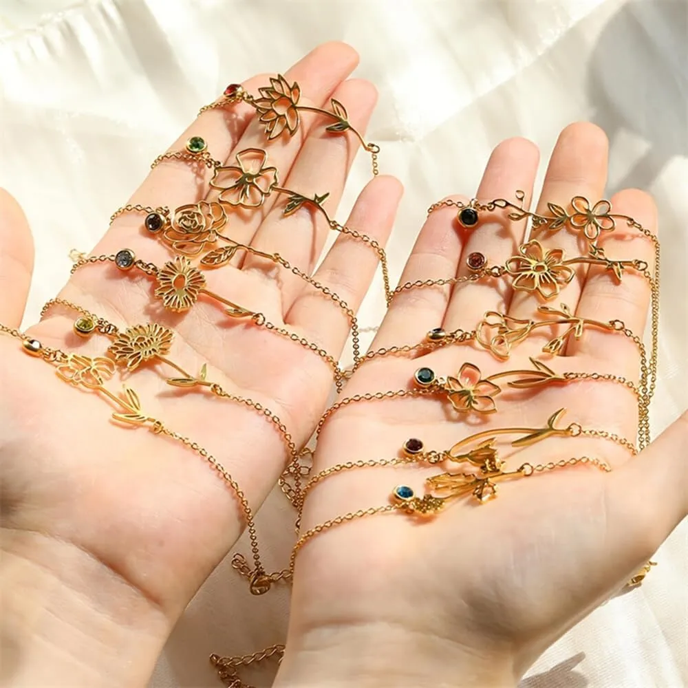 Birth Flower Bracelets Floral Birthstone Bracelets Wildflower Leaves Bracelet Birth Month Floral Birthstone Pendant Bracelet for Women Elegant Gift