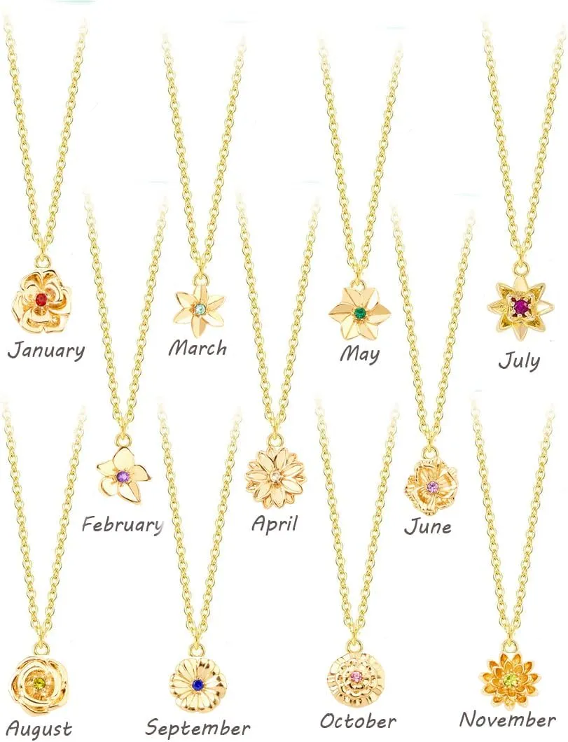 Birth Month Flower Necklace for Women,14K Gold Plated Dainty Flower Pendant Layered Necklace Jewelry Birthday Gift for Women