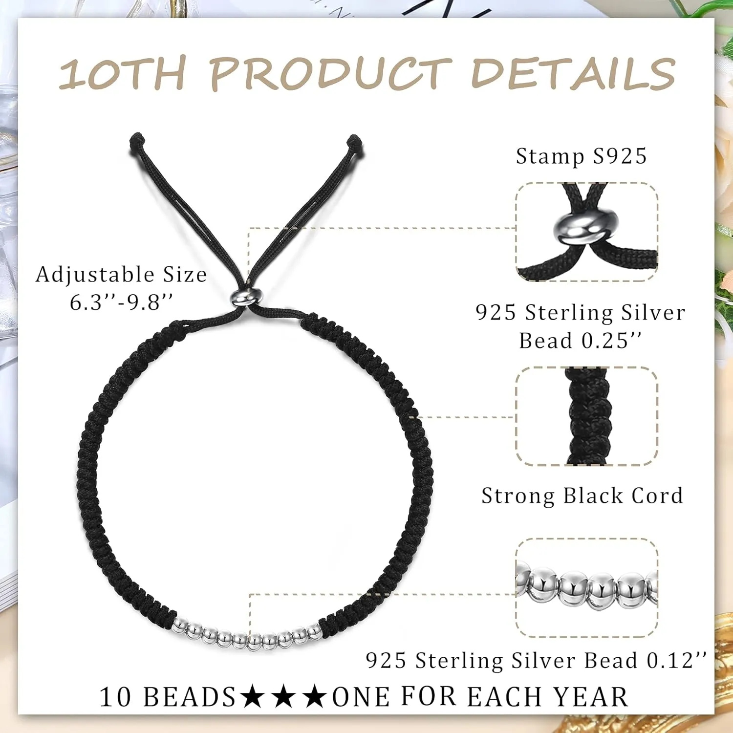 Birthday Gift 925 Sterling Silver Beaded Bracelets For Women Adjustable Cord 7th-40th Birthday Bracelets Friendship Family Jewelry Gift