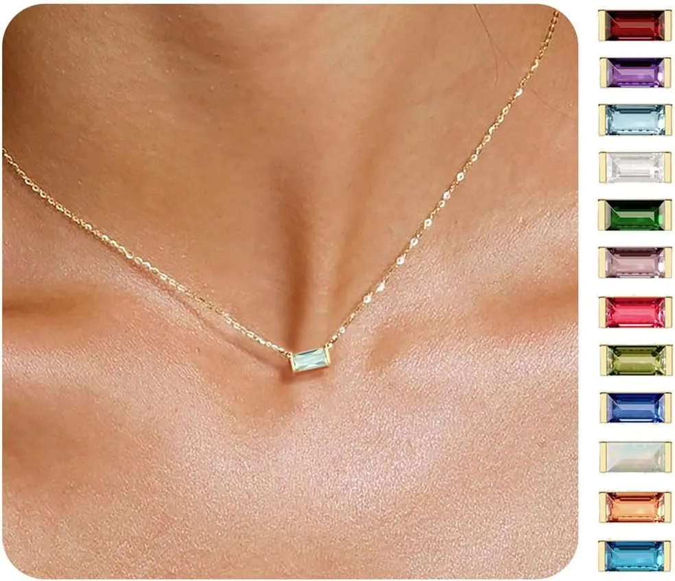 Birthstone Necklace for Women Dainty Trendy 14K Gold Plated Emerald Couple Necklaces Simple Green Diamond Pendant Choker Blue Cute Cubic Zirconia Jewelry for Women Mothers Birthday Gifts