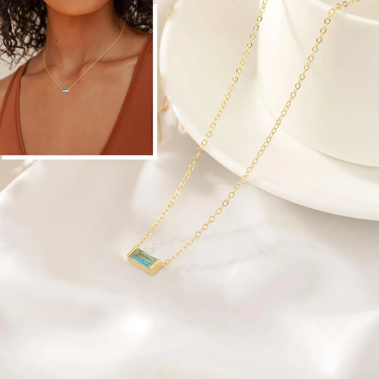 Birthstone Necklace for Women Dainty Trendy 14K Gold Plated Emerald Couple Necklaces Simple Green Diamond Pendant Choker Blue Cute Cubic Zirconia Jewelry for Women Mothers Birthday Gifts