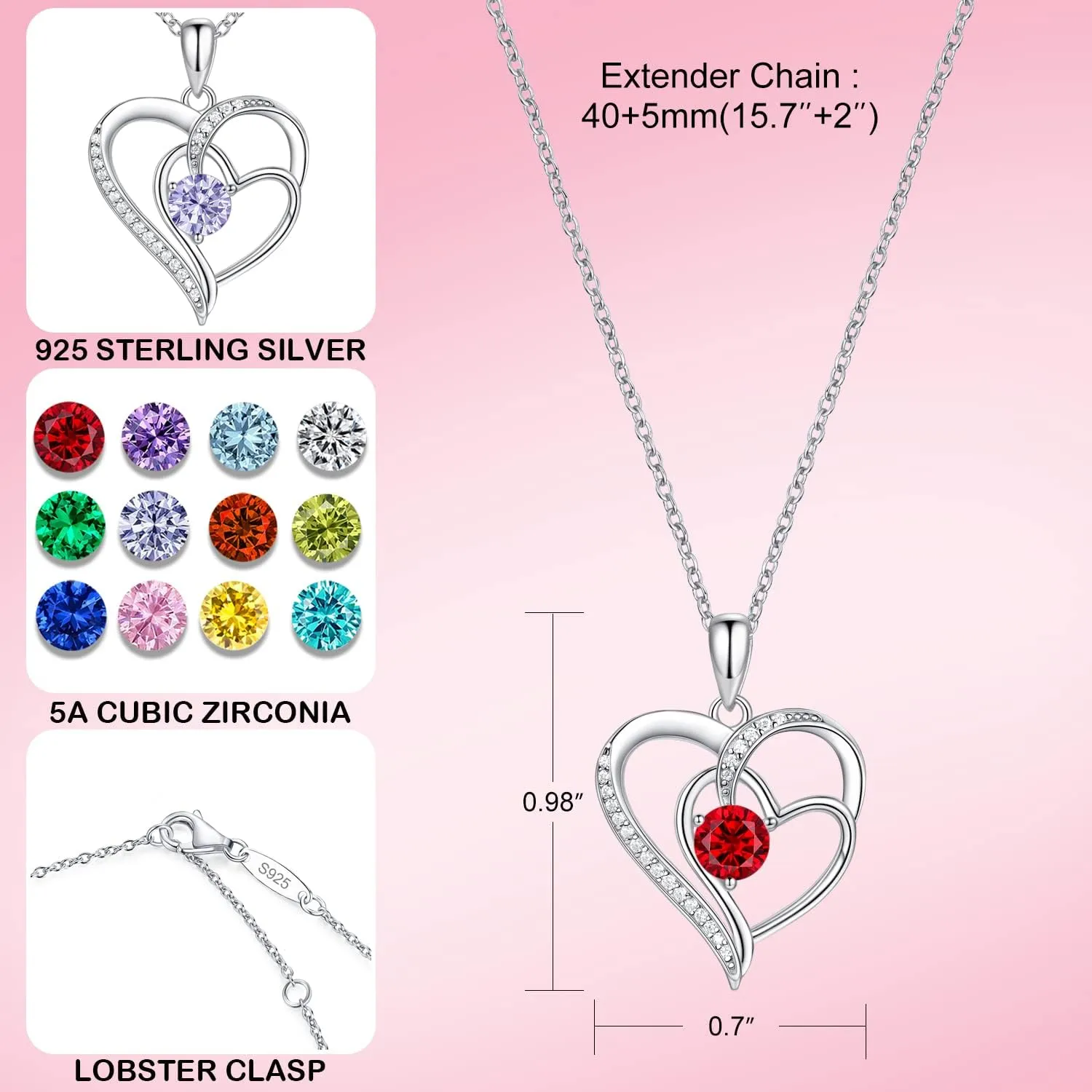Birthstone Necklace for Women Jewelry, 18K White Gold Heart Necklace Sterling Silver Diamond Necklaces Jewelry Birthday Gifts for Women Wife