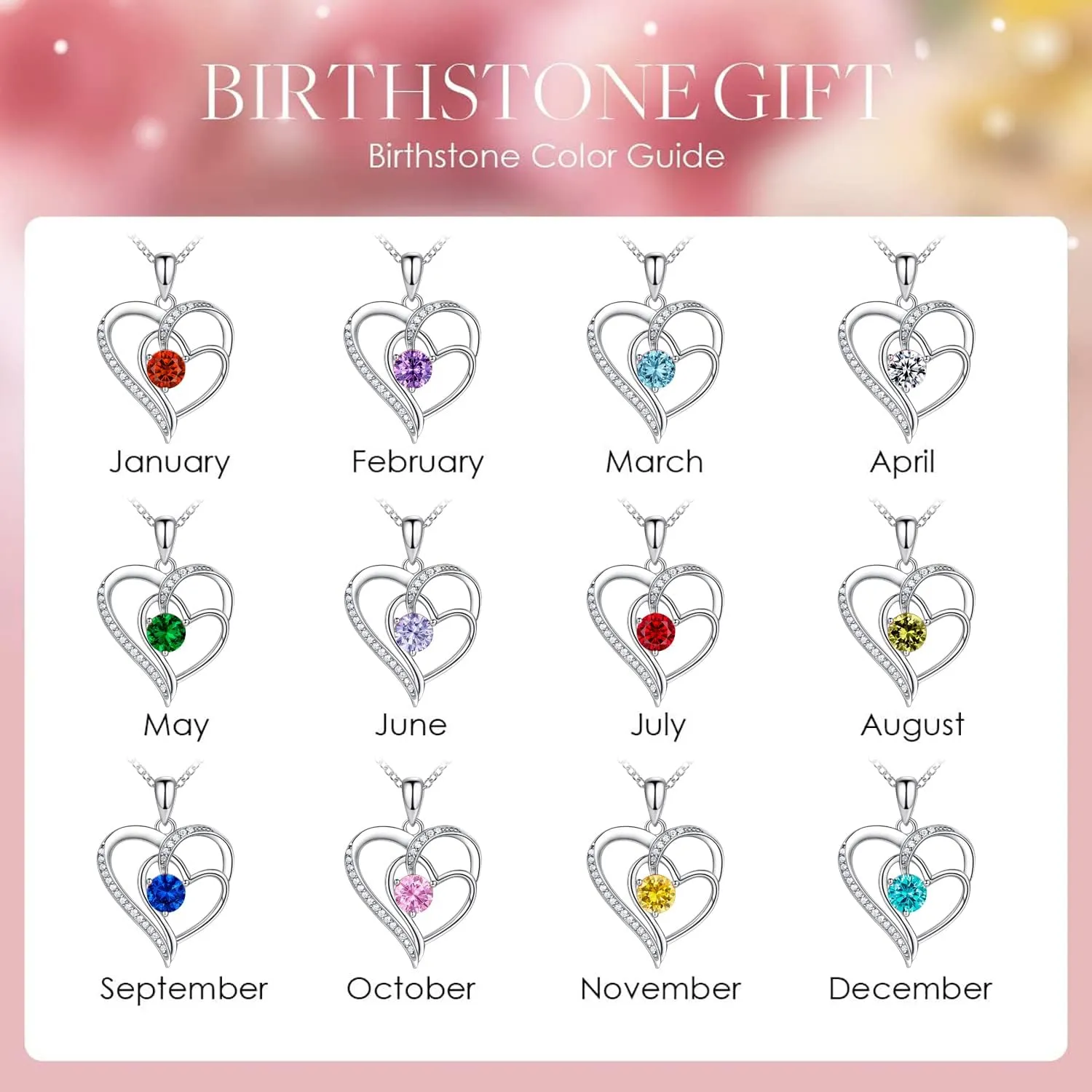 Birthstone Necklace for Women Jewelry, 18K White Gold Heart Necklace Sterling Silver Diamond Necklaces Jewelry Birthday Gifts for Women Wife