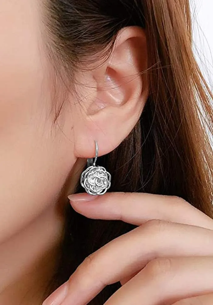 Blooming CZ Filigree 3D Rose Flower Crystal Leverback Dangle Drop Earrings for Women Sensitive Ear Sweet Dangling for Lovers Wedding Elegant Diamond Jewelry Gifts Hypoallergenic Her Girlfriend Valentines Day