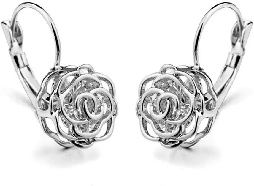 Blooming CZ Filigree 3D Rose Flower Crystal Leverback Dangle Drop Earrings for Women Sensitive Ear Sweet Dangling for Lovers Wedding Elegant Diamond Jewelry Gifts Hypoallergenic Her Girlfriend Valentines Day