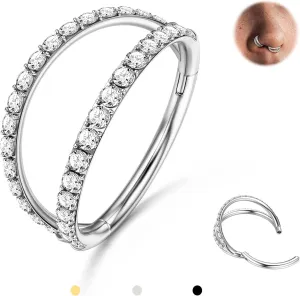 BodyBonita Triple/Double Hoop Nose Ring - G23 Titanium Septum Rings 16G/18G/20G CZ Nose Piercings Jewelry Conch Helix Daith Rook Tragus Cartilage Earring Hinged Nostril Piercing Gold/Black/Silver
