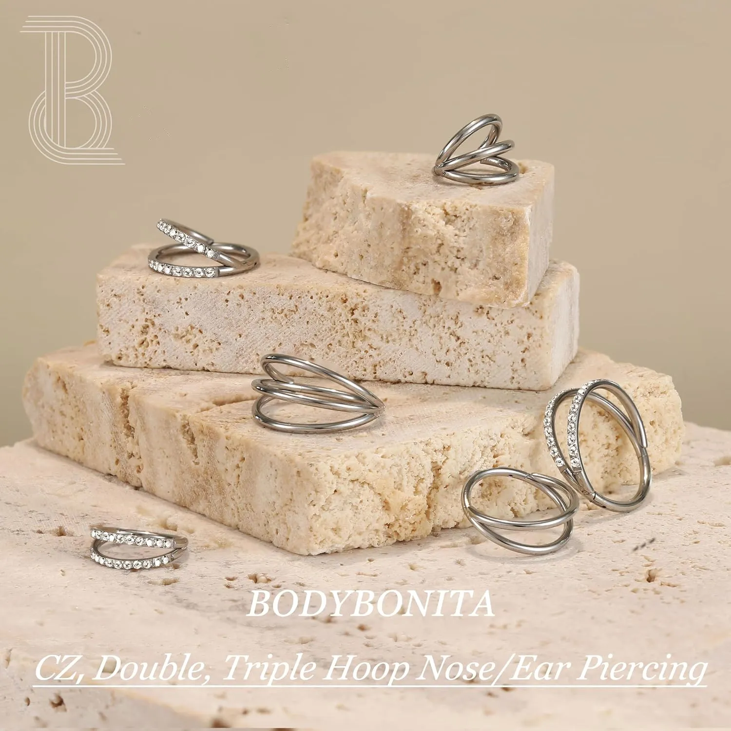BodyBonita Triple/Double Hoop Nose Ring - G23 Titanium Septum Rings 16G/18G/20G CZ Nose Piercings Jewelry Conch Helix Daith Rook Tragus Cartilage Earring Hinged Nostril Piercing Gold/Black/Silver