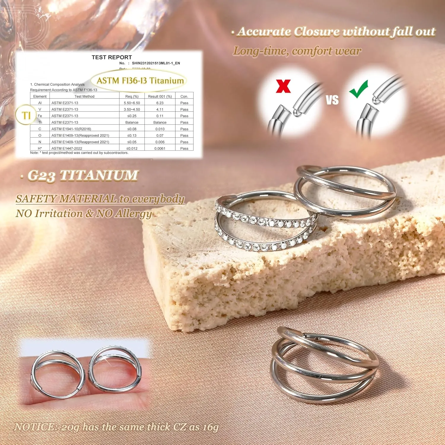 BodyBonita Triple/Double Hoop Nose Ring - G23 Titanium Septum Rings 16G/18G/20G CZ Nose Piercings Jewelry Conch Helix Daith Rook Tragus Cartilage Earring Hinged Nostril Piercing Gold/Black/Silver