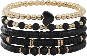 Bohemia Multilayer Heart Clay Stackable Bracelets Set Colorful Surfer Heishi Clay Gold Beaded Stretch Bracelets for Women Men Summer Beach Boho Vacation Jewelry Gifts