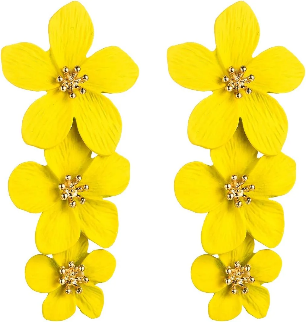 Bohemian Daisy Flower Matte Floral Petal Drop Dangle Earrings Layered Tiered for Women Chic Boho Wedding Jewelry
