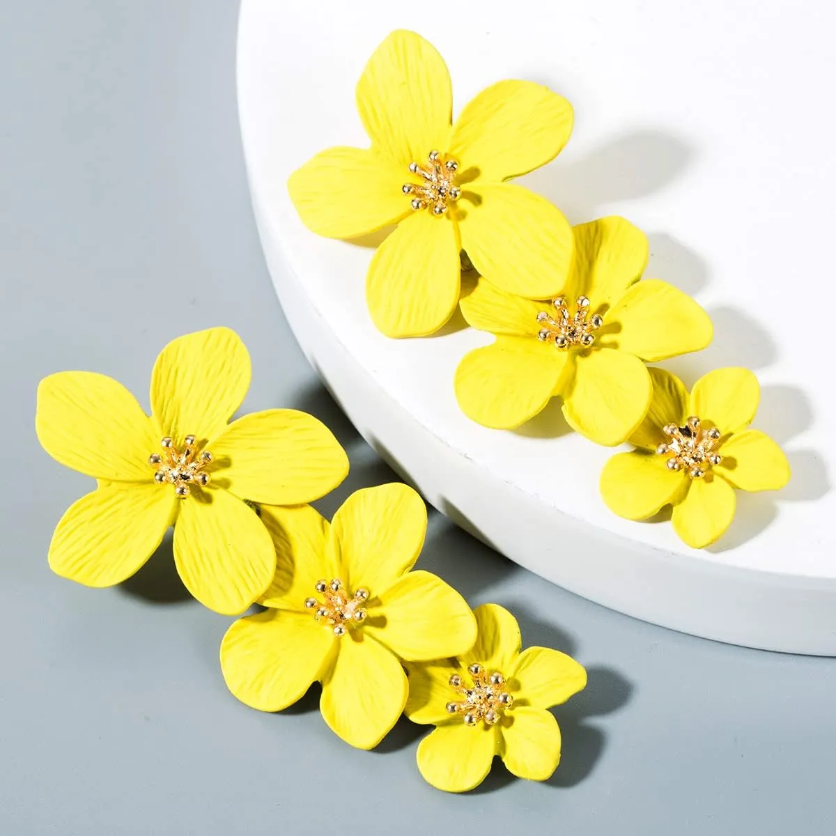 Bohemian Daisy Flower Matte Floral Petal Drop Dangle Earrings Layered Tiered for Women Chic Boho Wedding Jewelry