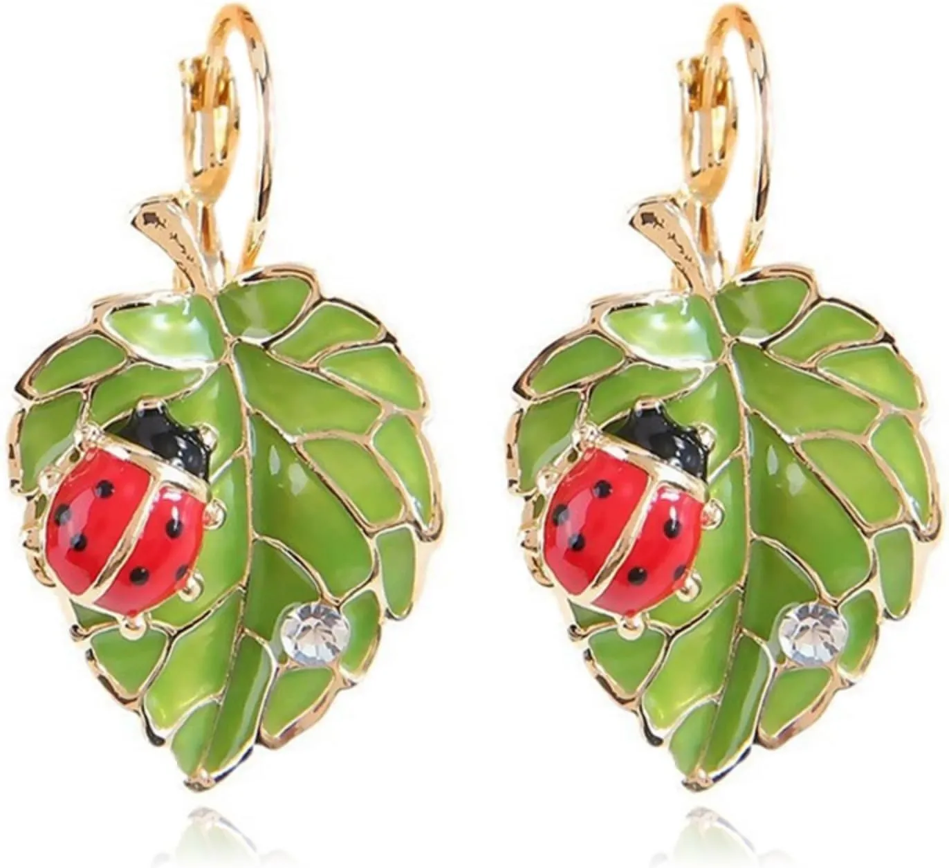 Bohemian Green Leaf Bug Ladybird Earrings for Women Lightweight Cute Insect Ladybug Leverback Earrings