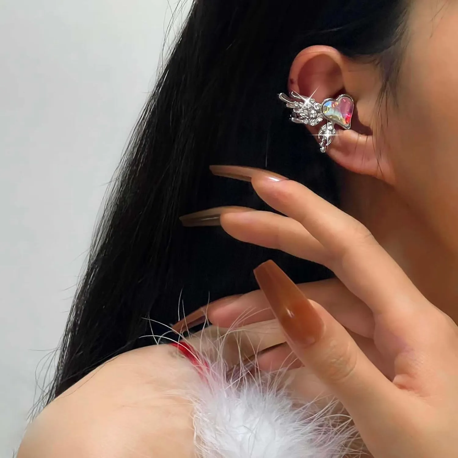 Boho Cz Heart Wing Ear Cuff Earrings Silver Angel Wing Cuff Wrap Earrings Colorful Crystal Heart Cartilage Cuff Earrings Rhinestone Wing Crawler Cuff Earrings Cz Love Heart Earrings (Left)