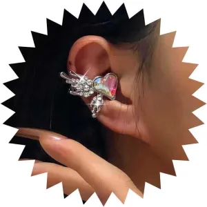 Boho Cz Heart Wing Ear Cuff Earrings Silver Angel Wing Cuff Wrap Earrings Colorful Crystal Heart Cartilage Cuff Earrings Rhinestone Wing Crawler Cuff Earrings Cz Love Heart Earrings (Left)