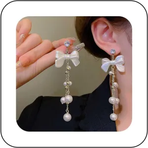 Boho Long Pearl Tassel Earrings Pearl Bow Drop Earrings Gold Pearl Beaded Earrings Cluster Pearl Dangle Earrings Bowknot Chain Fringe Earrings Jewelry for Women