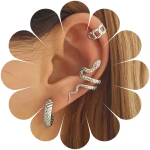 Boho Snake Ear Cuff Earrings Gold Circle Hoop Earrings Vintage Wide Circle Earrings Snake Cuff Wrap Earrings Jewelry Set for Women