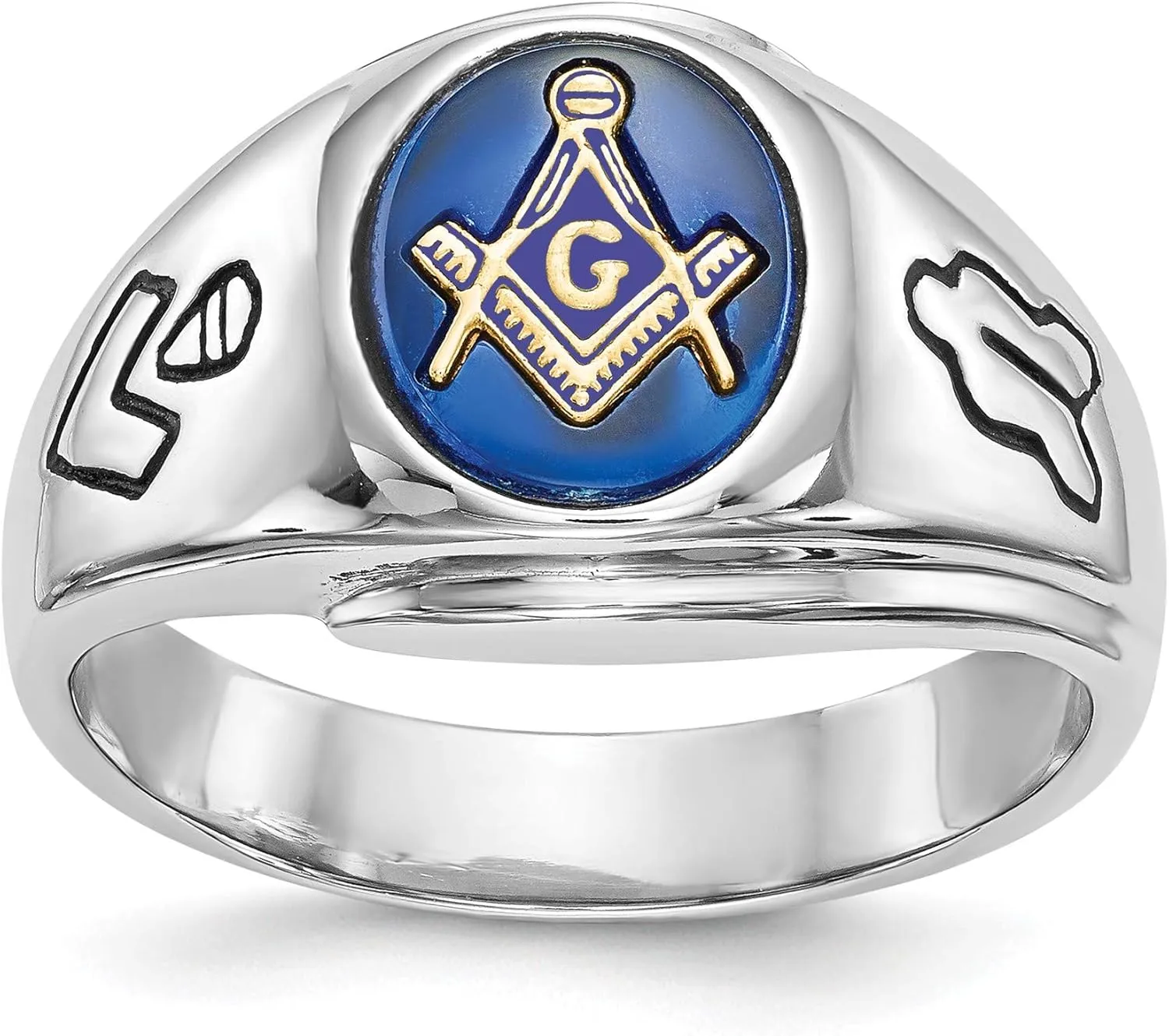 Bonyak Jewelry 14k White Gold Men's Polished, Antiqued & Grooved w/Imitation Blue Spinel MASO