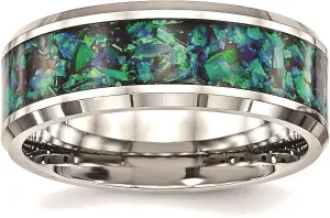 Bonyak Jewelry Chisel Stainless Steel Polished w/Blue Imitation Opal Inlay 8mm Band in Stainl