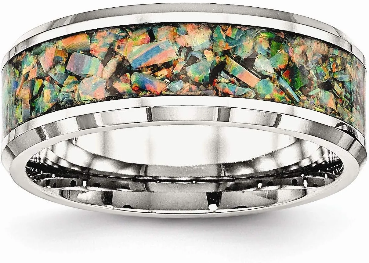Bonyak Jewelry Chisel Stainless Steel Polished w/Imitation Opal Inlay 8mm Band in Stainless S