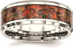 Bonyak Jewelry Chisel Stainless Steel Polished w/Red Imitation Opal Inlay 8mm Band in Stainle