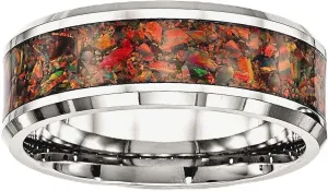 Bonyak Jewelry Chisel Stainless Steel Polished w/Red Imitation Opal Inlay 8mm Band in Stainle