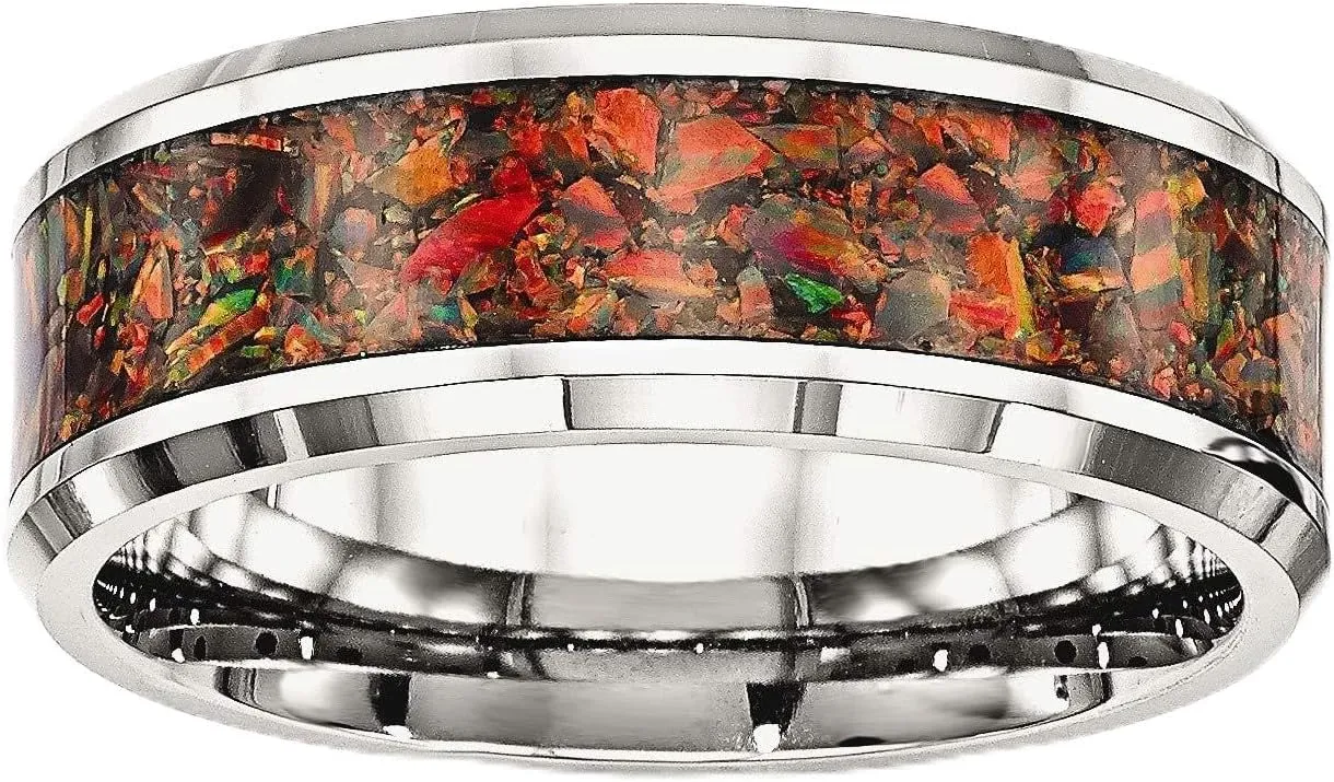 Bonyak Jewelry Chisel Stainless Steel Polished w/Red Imitation Opal Inlay 8mm Band in Stainle