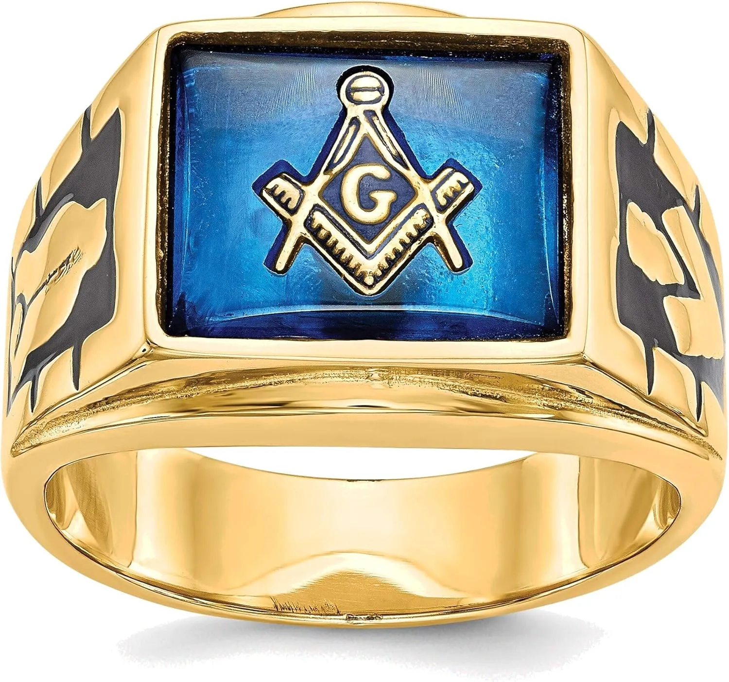 Bonyak Jewelry Men's Polished & Textured w/Black Enamel & Imitation Blue Spinel Masonic Ring