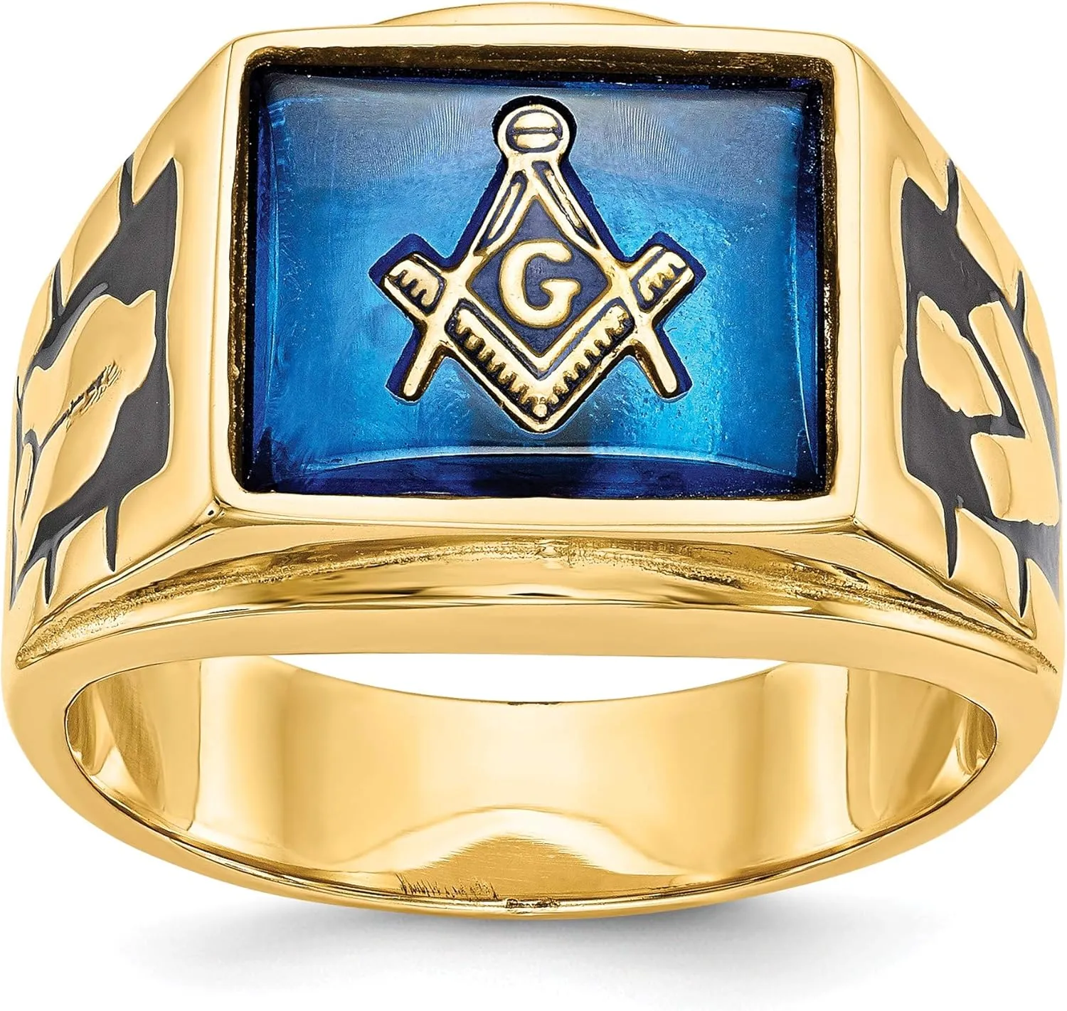 Bonyak Jewelry Men's Polished & Textured w/Black Enamel & Imitation Blue Spinel Masonic Ring