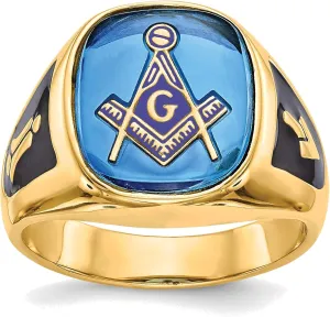 Bonyak Jewelry Men's Polished & Textured w/Black Enamel & Imitation Blue Spinel Masonic Ring