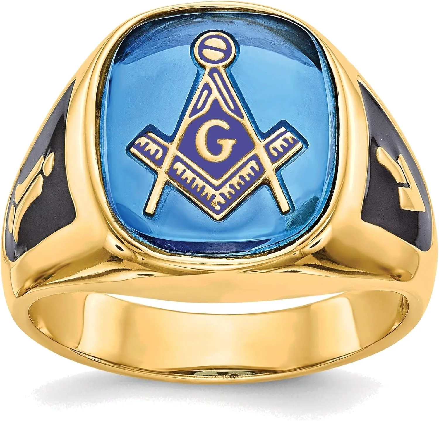Bonyak Jewelry Men's Polished & Textured w/Black Enamel & Imitation Blue Spinel Masonic Ring