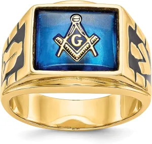 Bonyak Jewelry Men's Polished & Textured w/Black Enamel & Imitation Blue Spinel Masonic Ring