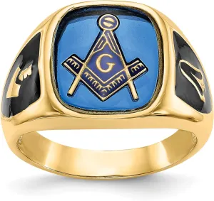 Bonyak Jewelry Men's Polished, Antiqued & Textured w/Imitation Blue Spinel Masonic Ring in 14