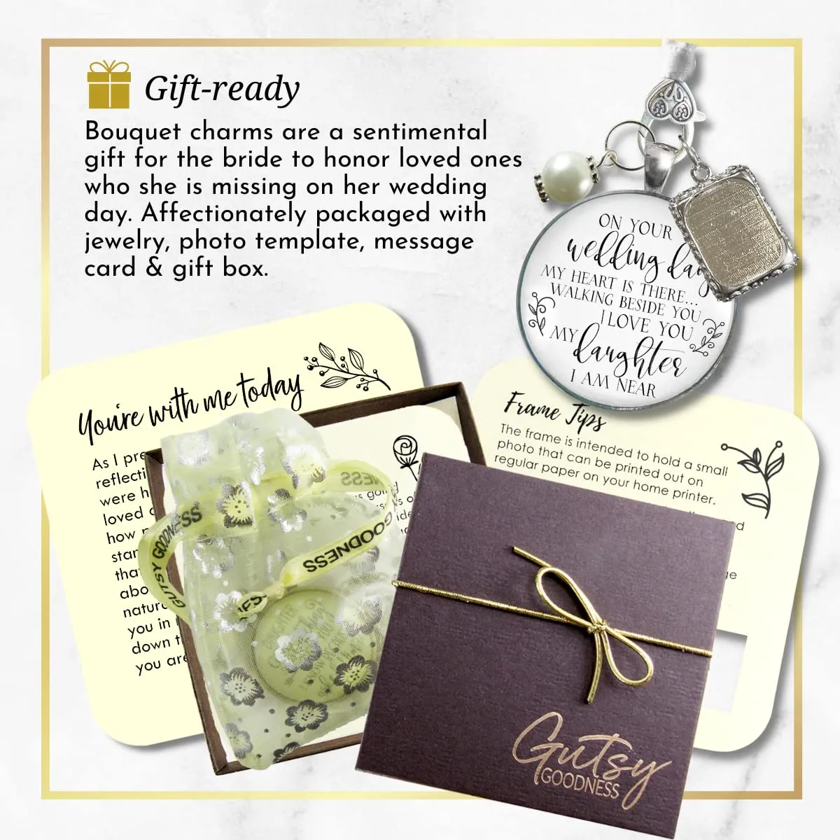 Bouquet Charm Wedding Memory On Your Wedding Day My Daughter Bridal Memorial of Mom or Dad, Silver & Glass Pendant - White Bead 1 Frame Loving Keepsake on Bridal Flowers, Sentimental Card & Gift Box