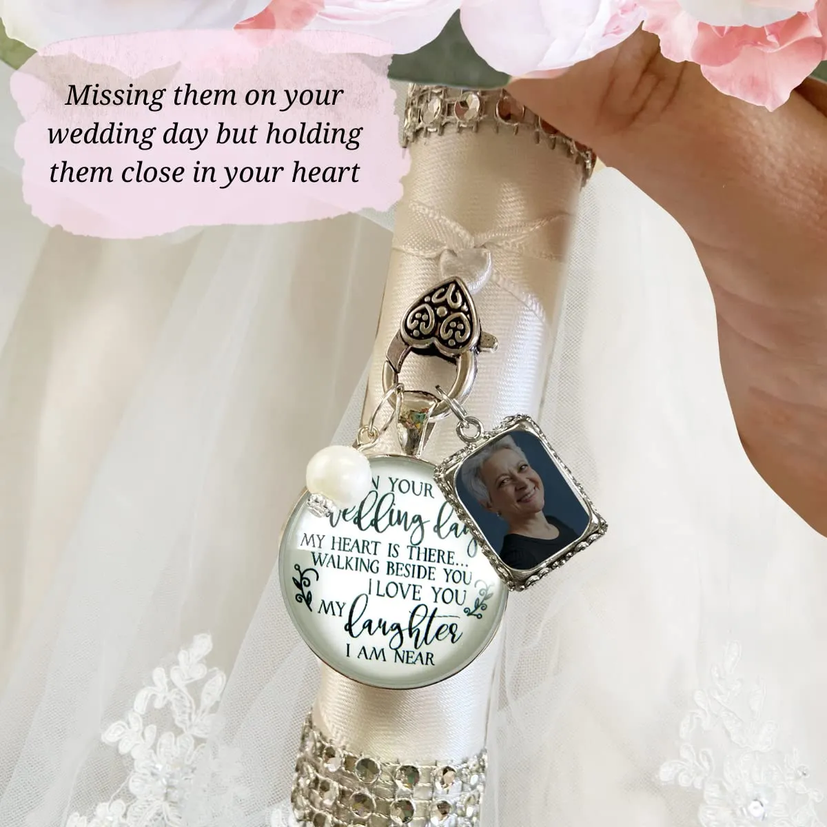 Bouquet Charm Wedding Memory On Your Wedding Day My Daughter Bridal Memorial of Mom or Dad, Silver & Glass Pendant - White Bead 1 Frame Loving Keepsake on Bridal Flowers, Sentimental Card & Gift Box