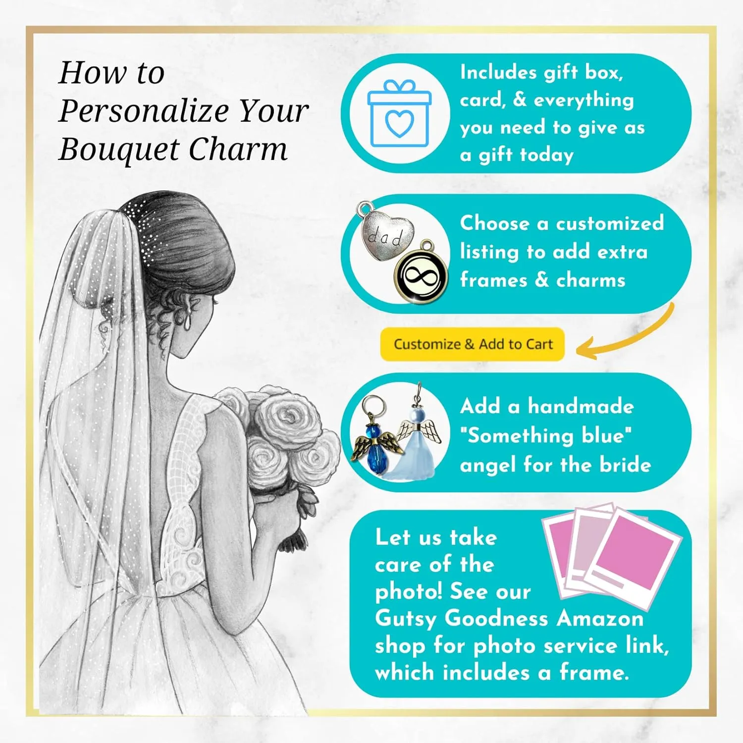 Bouquet Charm Wedding Memory On Your Wedding Day My Daughter Bridal Memorial of Mom or Dad, Silver & Glass Pendant - White Bead 1 Frame Loving Keepsake on Bridal Flowers, Sentimental Card & Gift Box