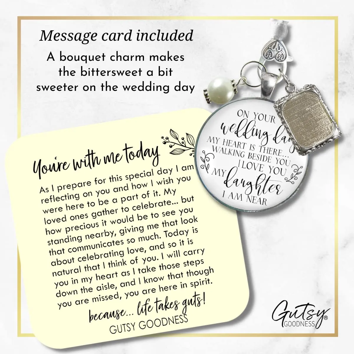 Bouquet Charm Wedding Memory On Your Wedding Day My Daughter Bridal Memorial of Mom or Dad, Silver & Glass Pendant - White Bead 1 Frame Loving Keepsake on Bridal Flowers, Sentimental Card & Gift Box