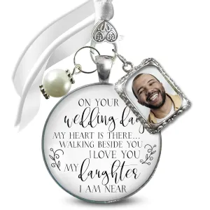 Bouquet Charm Wedding Memory On Your Wedding Day My Daughter Bridal Memorial of Mom or Dad, Silver & Glass Pendant - White Bead 1 Frame Loving Keepsake on Bridal Flowers, Sentimental Card & Gift Box