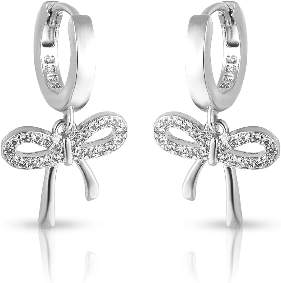 Bow Hoop Earrings for Women, Silver Bow Earrings Bow Stud Earrings Huggies Bowknot Drop Dangle Earrings Bow Knot Jewelry for Women Girls Birthday Party Wedding Prom, Medium