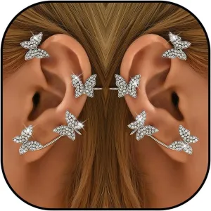 Butterfly Cuff Earrings for Women No Piercing Rhinestone Butterfly Chain Tassel Earring Cuff Gold Silver Wrap Climber Crawler Earrings Fairy Fake Earrings
