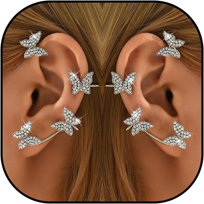 Butterfly Cuff Earrings for Women No Piercing Rhinestone Butterfly Chain Tassel Earring Cuff Gold Silver Wrap Climber Crawler Earrings Fairy Fake Earrings