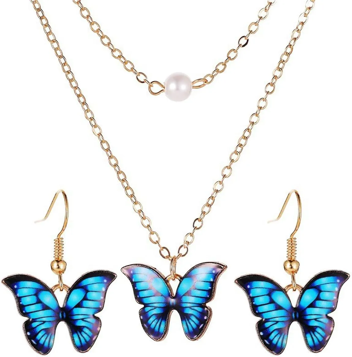 Butterfly Necklace Earring Set for Women Colorful Butterfly Drop Dangle Earrings Elegant Double-Layer Pearl Butterfly Pendant Necklace Cute Insect Set Birthday Party Wedding Jewelry