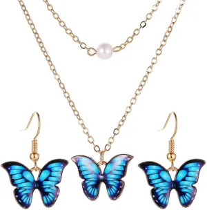 Butterfly Necklace Earring Set for Women Colorful Butterfly Drop Dangle Earrings Elegant Double-Layer Pearl Butterfly Pendant Necklace Cute Insect Set Birthday Party Wedding Jewelry