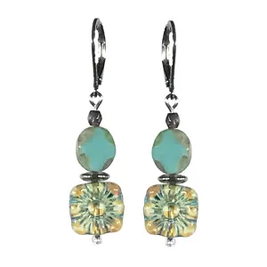 CariCat Designs Boho Chic Handmade Turquoise Flower Etching with Vintage Style Turquoise Czech Glass Beaded Earrings - French Wire Lever Backs