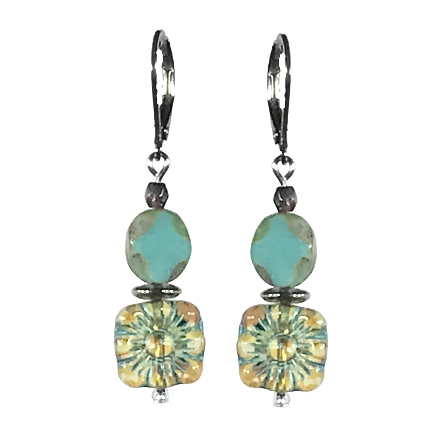 CariCat Designs Boho Chic Handmade Turquoise Flower Etching with Vintage Style Turquoise Czech Glass Beaded Earrings - French Wire Lever Backs