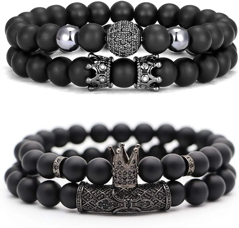 CARSHIER 4 PCS Bracelets for Men Women Friendship Lava Stone Crown Bead Bracelets 8MM Natural Essential Oil Diffuser Beads Bangles Gifts