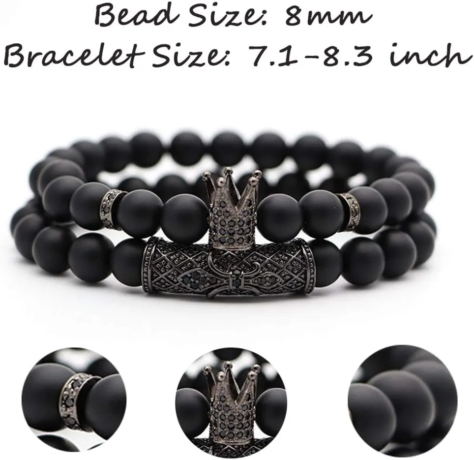 CARSHIER 4 PCS Bracelets for Men Women Friendship Lava Stone Crown Bead Bracelets 8MM Natural Essential Oil Diffuser Beads Bangles Gifts