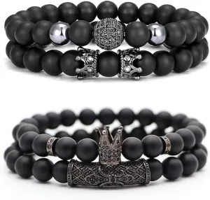 CARSHIER 4 PCS Bracelets for Men Women Friendship Lava Stone Crown Bead Bracelets 8MM Natural Essential Oil Diffuser Beads Bangles Gifts